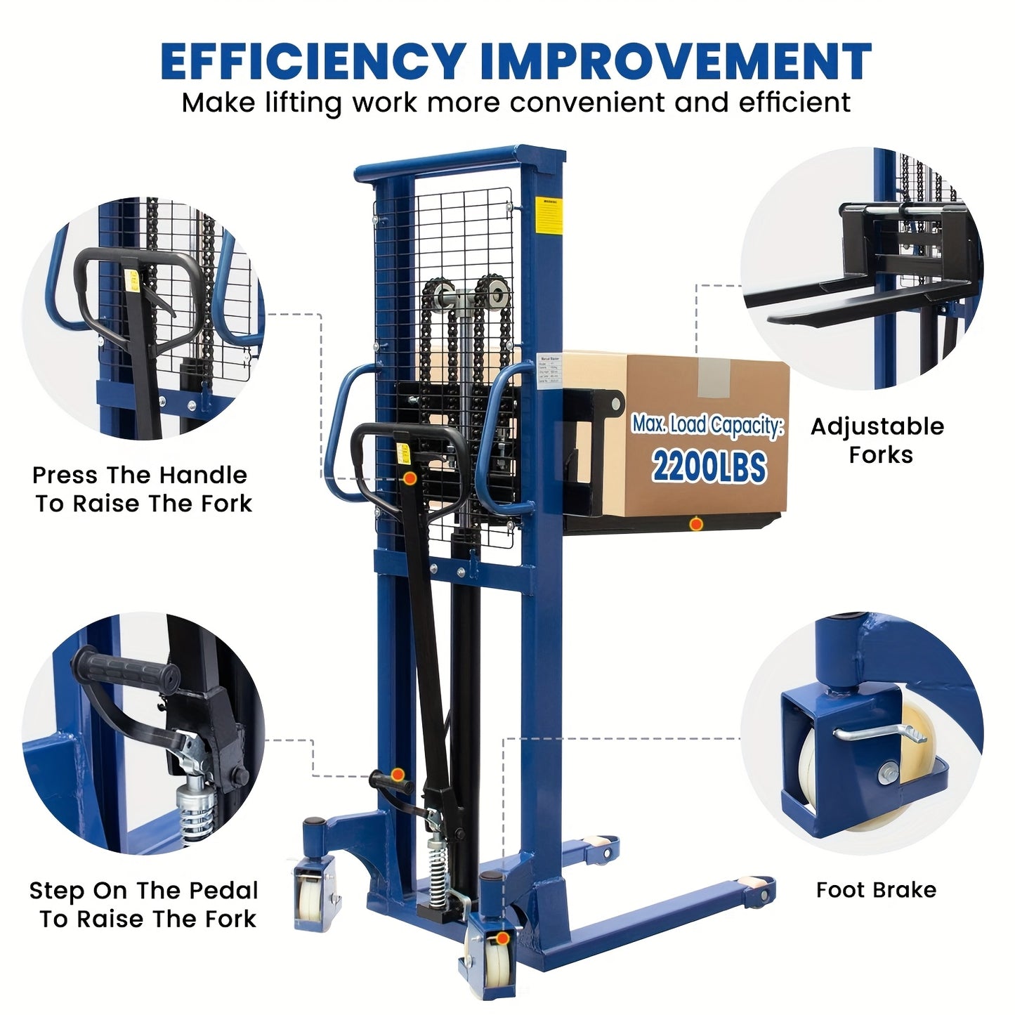 Industrial Heavy-Duty 2200lbs Manual Hydraulic Pallet Stacker | Adjustable Lift Height 3.78"-63" | Fixed Legs & Blue Metal Grid Design | Adjustable Forks For Open Bottom/Block Pallets