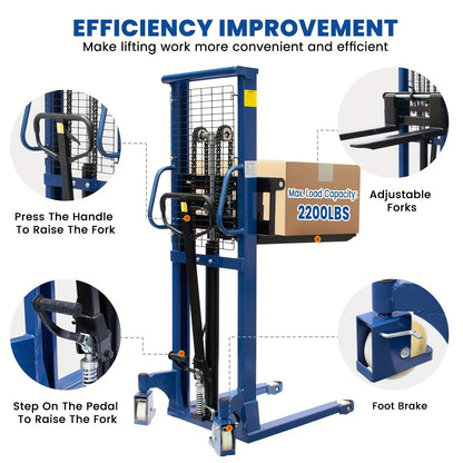 Industrial Heavy-Duty 2200lbs Manual Hydraulic Pallet Stacker | Adjustable Lift Height 3.78"-63" | Fixed Legs & Blue Metal Grid Design | Adjustable Forks For Open Bottom/Block Pallets