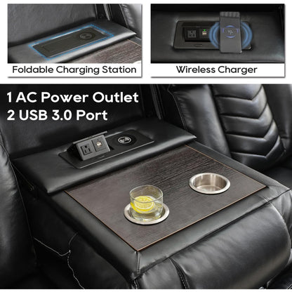 Manual Recliner Sofa Set with Wireless Charger for Living Room, Faux Leather 3 Seater Reclining Sofa and Loveseat Seating Couch with Bass Speakers, LED Lights.