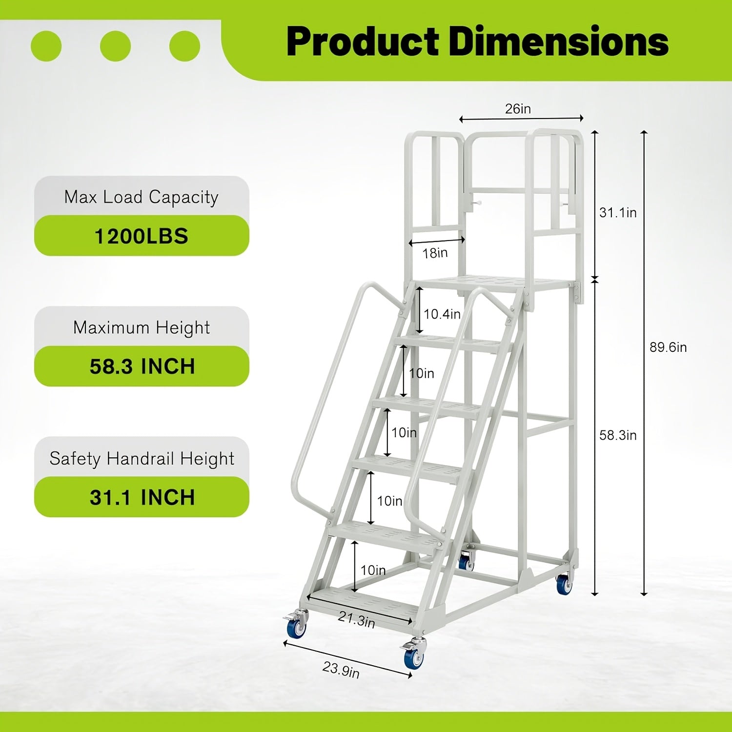 A 6-Step Rolling Ladder Measuring 24 Inches Wide And 90 Inches High, Featuring Dual Handrails And Lockable Wheels, Capable of Supporting Up to 1200 Pounds. This Heavy-Duty Mobile Platform Ladder Is Ideal for Use in Warehouses, Supermarkets