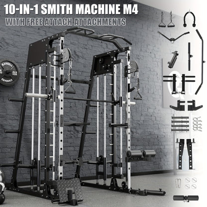 Home Gym with a Smith Machine, Featuring a 2200 Lbs Power Rack Cage, Cable Crossover, Weight Bar, 360° Landmine, Barbell Holders, And Various Attachments for Comprehensive Body Strength Training