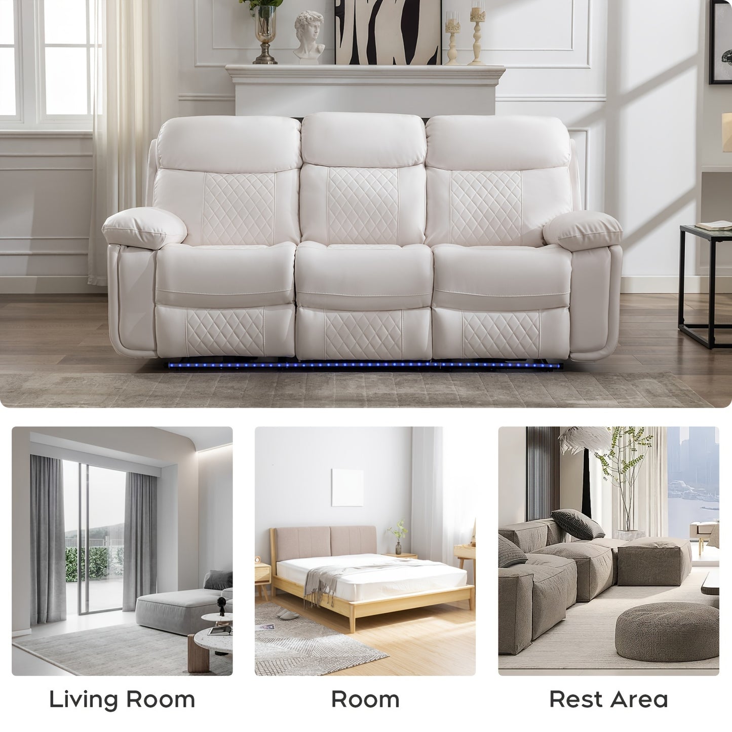 Home Theater Seating, Faux Leather Power Reclining Sofa Set with LED Lights, Bass Speakers, Cup Holders & Drop Down Table for Living Room, Media Room