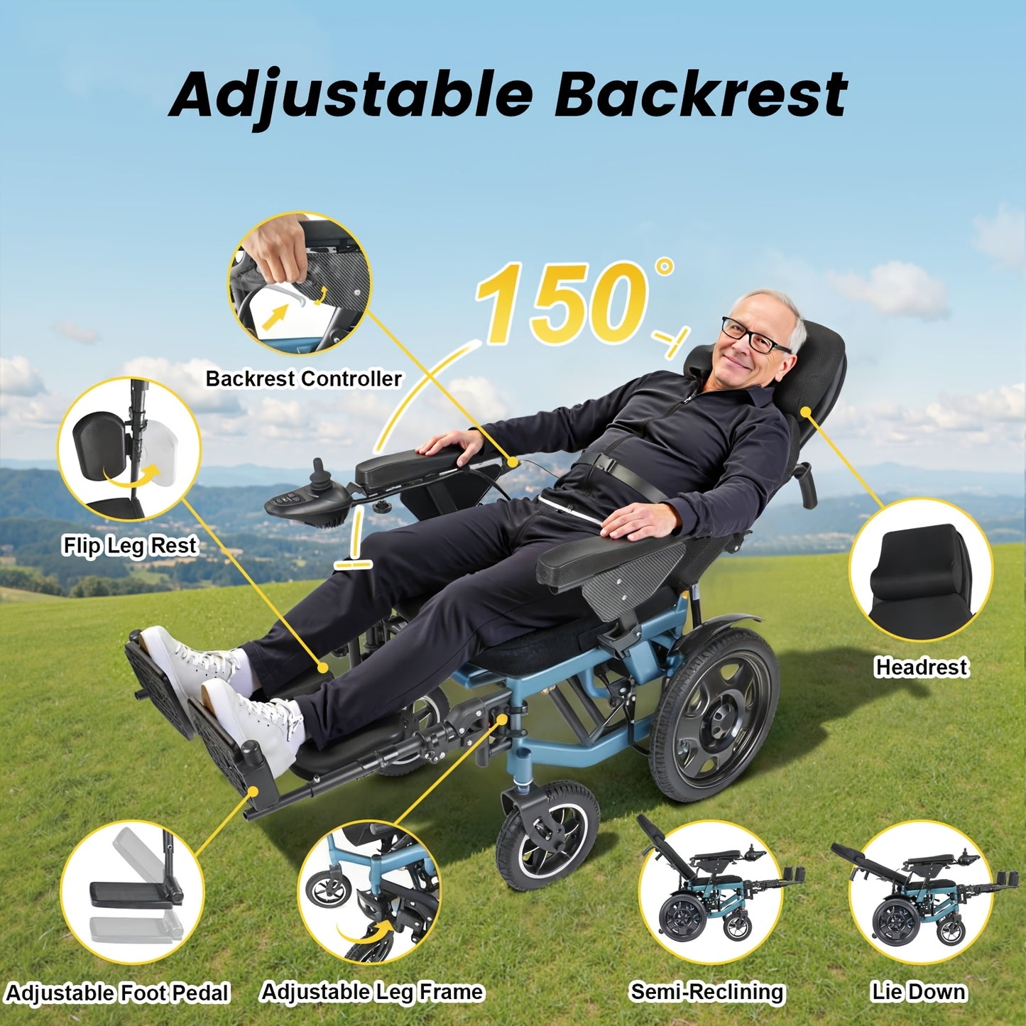 Full-Reclining Carbon Steel Frame Heavy-Duty Electric Wheelchair, Adults Elderly Foldable Power Mobility Chair, N.W. 75 Lbs, Manual Adjustment for Backrest & Leg Supports, 12Ah Lithium Battery with 9.3-Mile Range, 264 Lbs Max Load, Large Storage Bag
