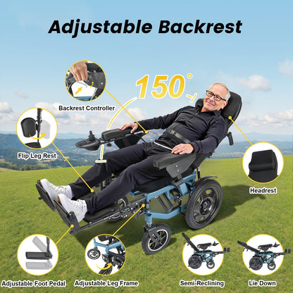 Full-Reclining Carbon Steel Frame Heavy-Duty Electric Wheelchair, Adults Elderly Foldable Power Mobility Chair, N.W. 75 Lbs, Manual Adjustment for Backrest & Leg Supports, 12Ah Lithium Battery with 9.3-Mile Range, 264 Lbs Max Load, Large Storage Bag