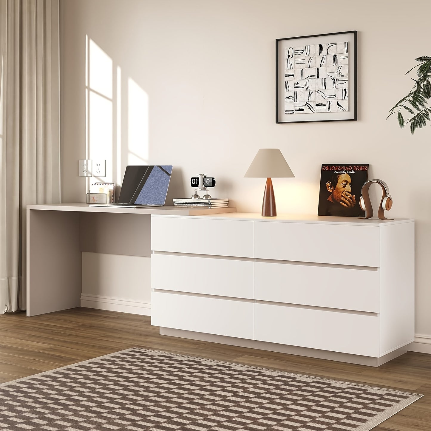 Modern Expandable Desk, 97.63-inch L-shaped Corner Computer Desk with 6 Drawers, Suitable for Home Office and Study Space, White and Khaki