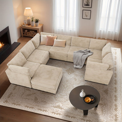 Oversized 130-Inch Plush Cound Sectional Sofa with Ottoman, 8pcs Luxurious U-Shaped Couch for Living Room, Comfortable Deep Seating and Soft Long-Pile Fabric Upholstery for Family and Friends