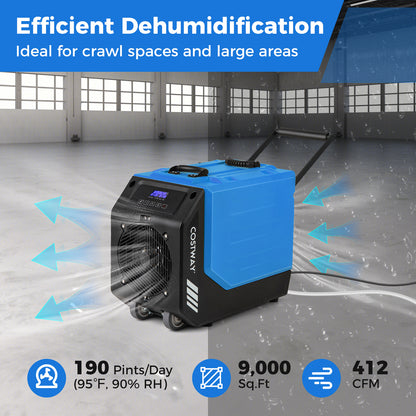 COSTWAY 190 PPD Commercial Dehumidifier W/ Pump, Rotational Molded Industrial Dehumidifier W/ 2 Wheels, Handle & Drain Hose for Water Damage Restoration, Basement, Crawl Space, Up to 9000 Sq. Ft