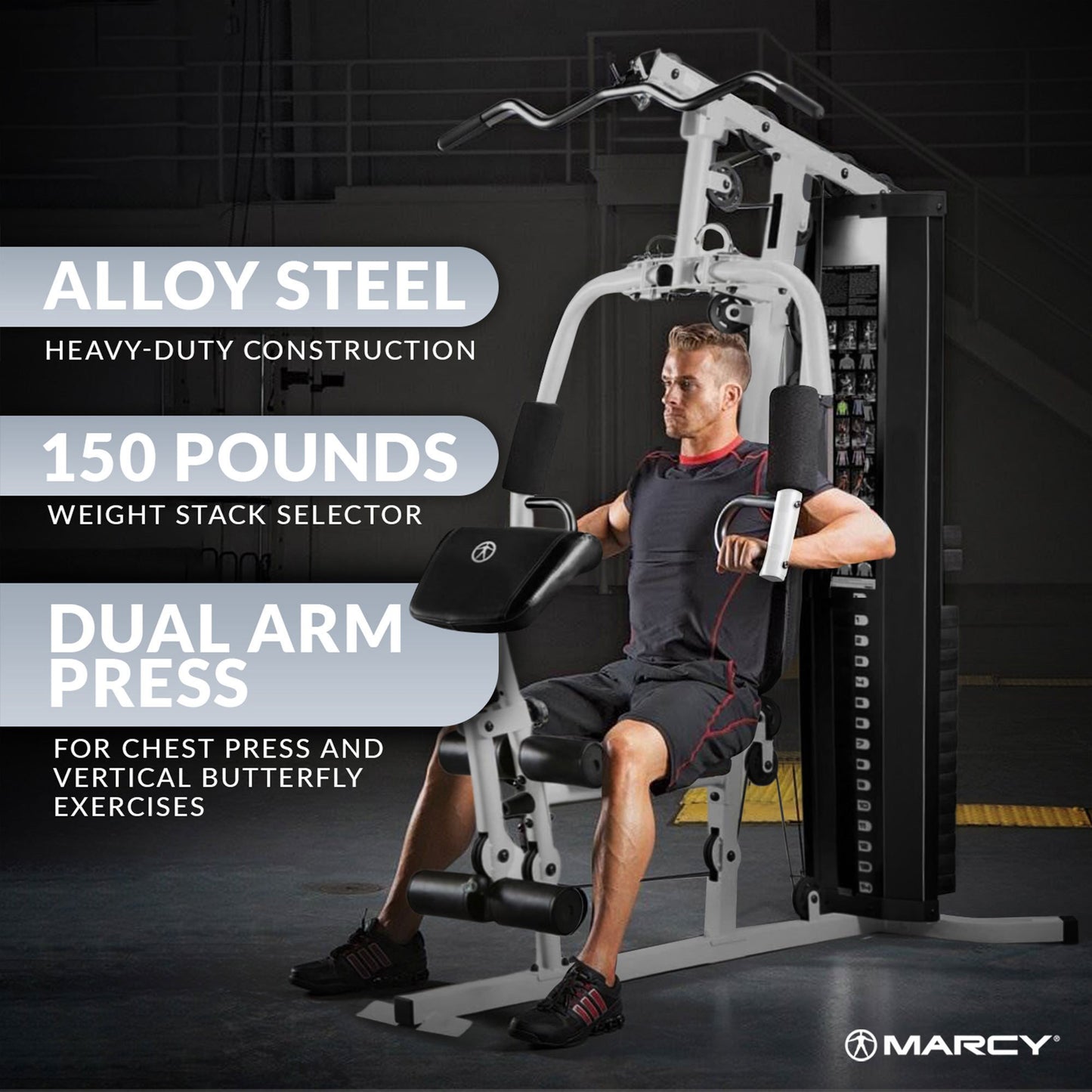Marcy Home Gym Workout Station with Curl Pad, Lat Pulldown, Leg Developer & Weights, White