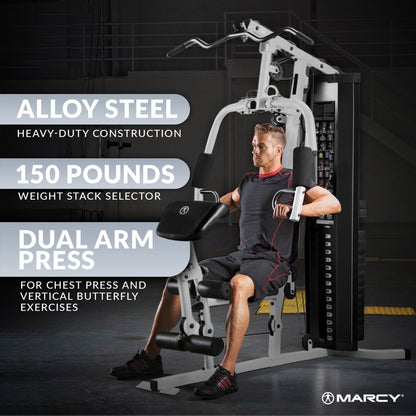 Marcy Home Gym Workout Station with Curl Pad, Lat Pulldown, Leg Developer & Weights, White