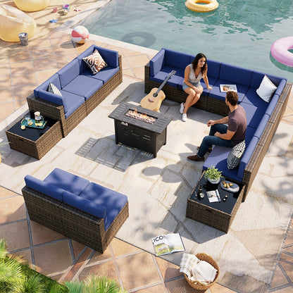 PATIOFIT 8/12/15pcs Outdoor Patio Furniture Set with 40in Fire Pit Table Wicker Rattan Sectional Sofa with Thick Cushions, Coffee Table & Waterproof Cover, Beige Cushions