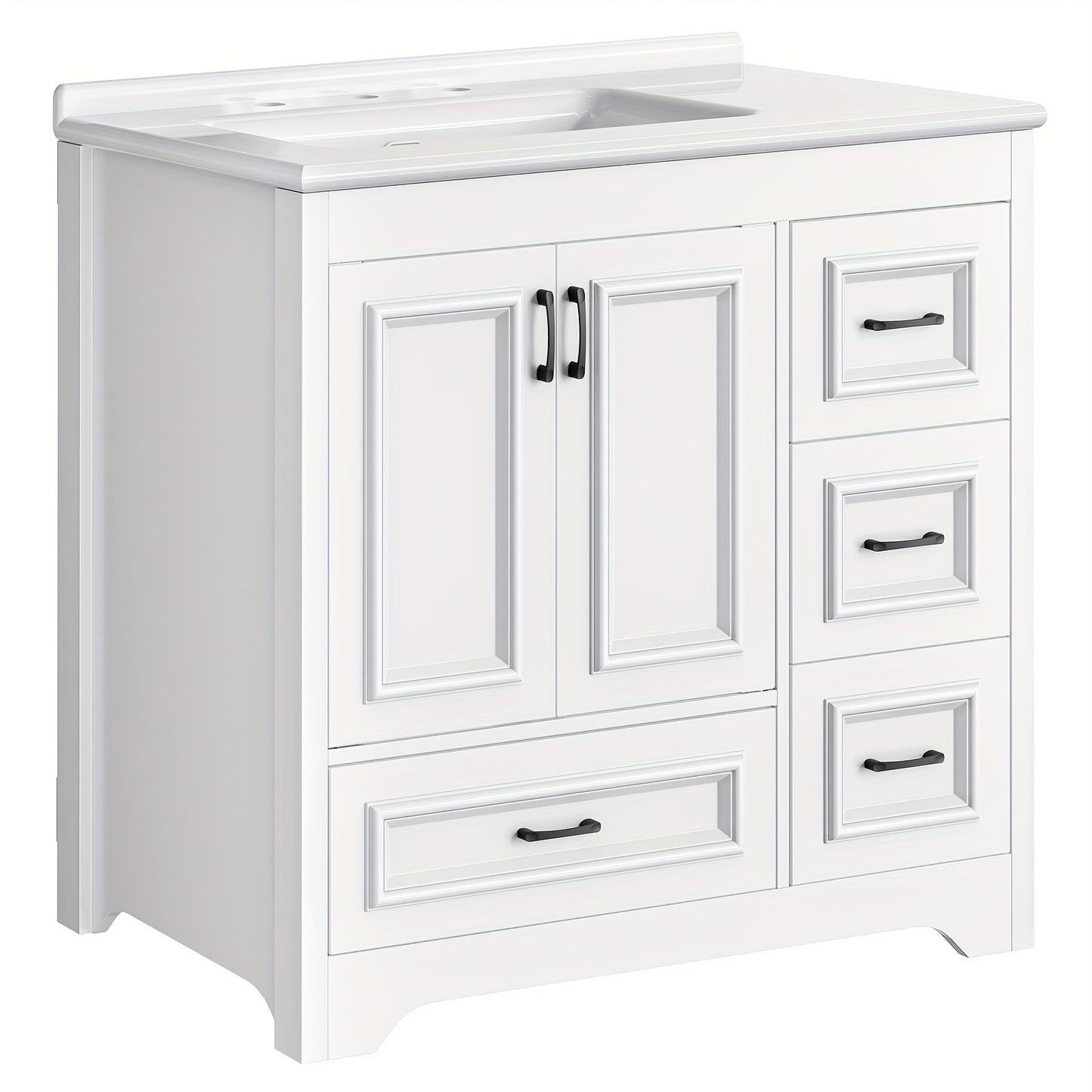 White Bathroom Vanity with Sink, Modern Storage Cabinet with Ceramic Countertop, Drawers And Cabinet, Arc Bottom Design And Metal Glides, Drain Kit Not Included, for Bathroom
