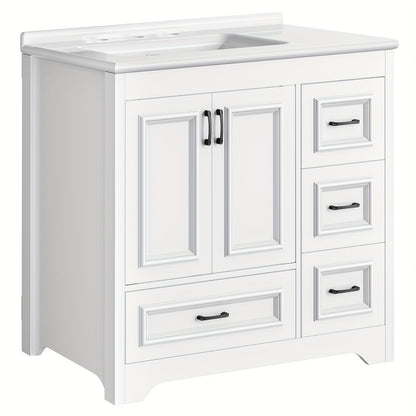 White Bathroom Vanity with Sink, Modern Storage Cabinet with Ceramic Countertop, Drawers And Cabinet, Arc Bottom Design And Metal Glides, Drain Kit Not Included, for Bathroom