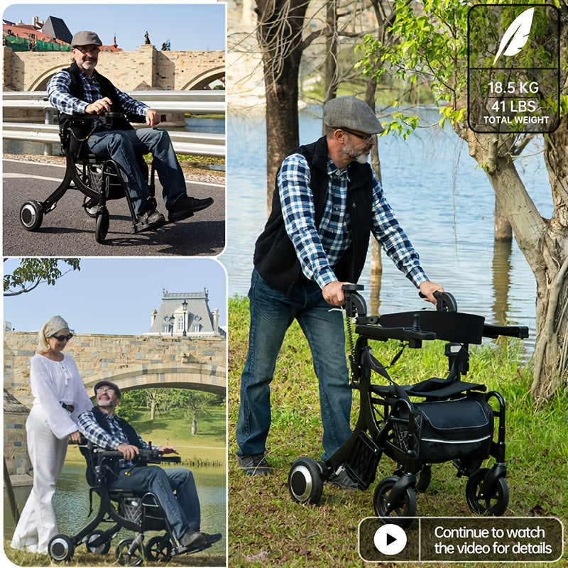 Sinceborn Electric Power Walker with Seat & Transport Wheelchair - Heavy-Duty, Heavy-Duty, Foldable Electric Mobility Aid with Power-Assisted Motion,