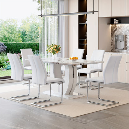 63" Modern Large Luxury Dining Table Set for 6, Kitchen Faux Marble Table Chairs Set Of 6, 63" Rectangle Kitchen Table And 6 PU Leather Upholstered Chairs for Kitchen, Dining Room, Living Room.Easy to Install, Local Warehouse