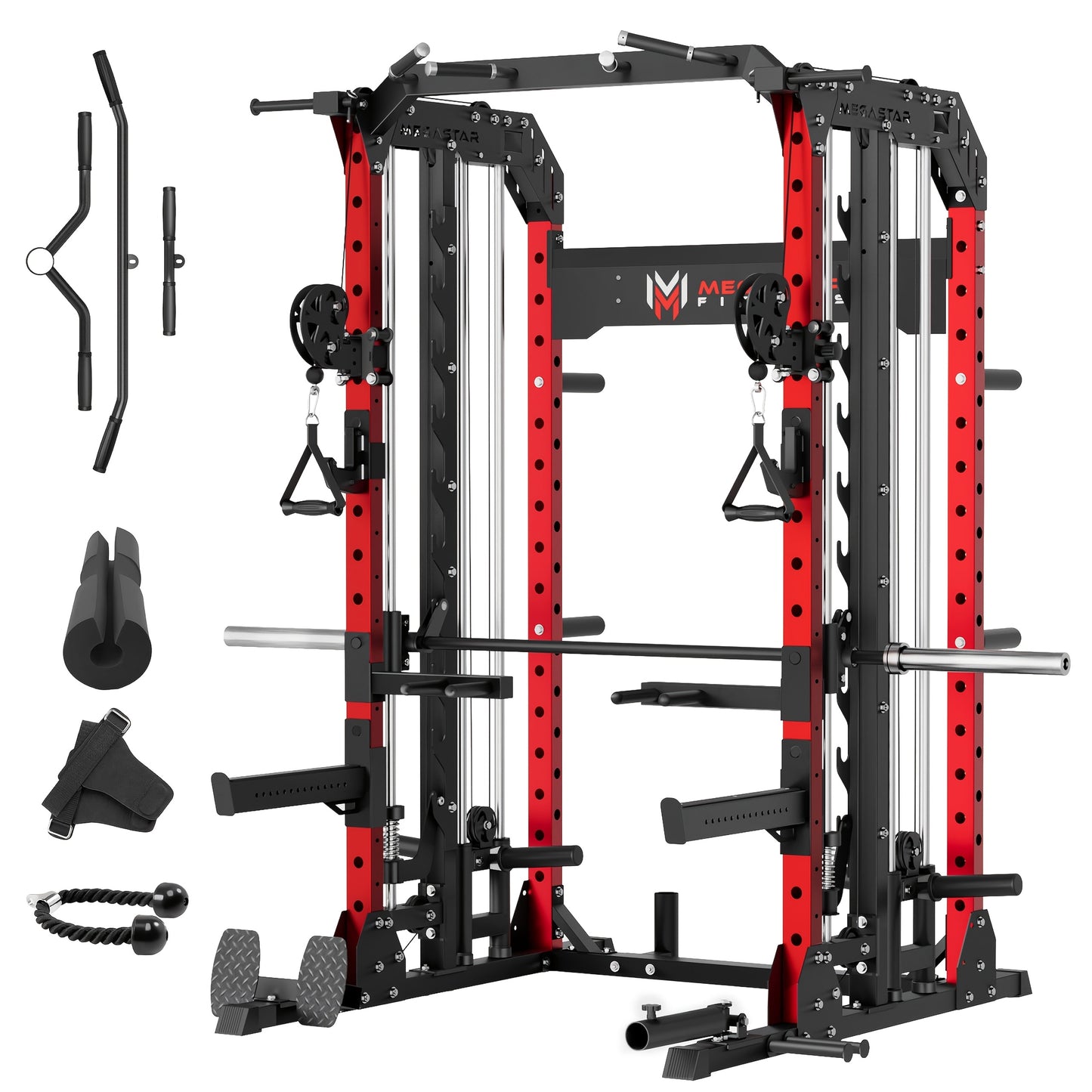Smith Machine for Home Gym - 2000lbs Capacity All-in-One Power Rack with Cable Crossover, Pull-Up Bar & Dip Station, Includes 18 Attachments