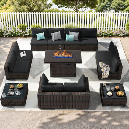 Outdoor Patio Furniture Set with Fire Pit Table, 13pcs Outdoor Furniture Set Patio Sectional Sofa W/42in Propane Fire Pit, PE Wicker Rattan Patio Conversation Sets