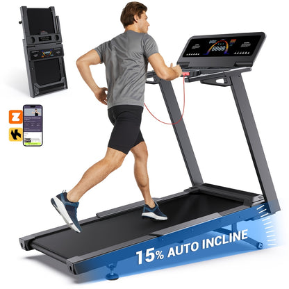 Treadmill with 15% Auto Incline And Handle Bar, 4.5HP Treadmill 500lbs Capacity, Foldable Treadmill for Small Space, 1.0-10 MPH, ZWIFT/KINOMAP APP & LED Display, Easy to Move, Heavy Duty Treadmill for Home Gym