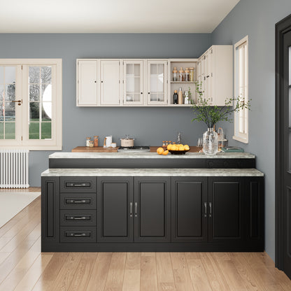 Modern 4-door Kitchen Island with 4 Spacious Drawers And 4 Shelves, Heavy-duty Kitchen Pantry Storage Cabinet with Stone Patterned Tabletop, Stationary Kitchen Table Coffee Bar Dining Table, for Dining Room, Kitchen, Stylish Design, 94, 5''L × 31, 3''D