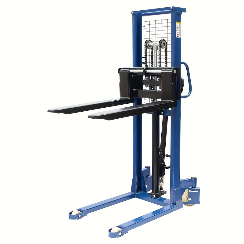 Industrial Heavy-Duty 2200lbs Manual Hydraulic Pallet Stacker | Adjustable Lift Height 3.78"-63" | Fixed Legs & Blue Metal Grid Design | Adjustable Forks For Open Bottom/Block Pallets