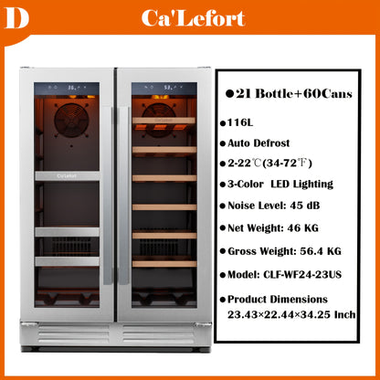 24 Inch Dual Zone Wine And Beverage Refrigerator Cooler - 60 Can And 20 Bottle LED Beverage Fridge - US 115V & Wine Refrigerator with 34°F -54°F Temperature Control, Beverage Cooler Built In Or Freestanding, Perfect for Home/Kitchen(4.10 Cu.ft)