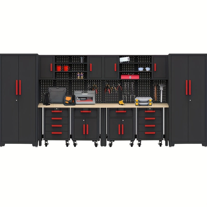 12pcs Heavy-Duty Steel Rolling Tool Box with Lockable Drawers & Cabinet - Heavy-Duty Steel Construction, 2-Tier Shelves, 3 Drawers, 2 Cabinets, Red Accents for Garage Workshop Storage (Black/Red), Workshop Organization,
