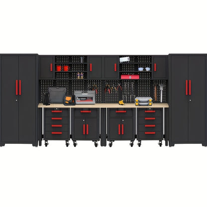 12pcs Heavy-Duty Steel Rolling Tool Box with Lockable Drawers & Cabinet - Heavy-Duty Steel Construction, 2-Tier Shelves, 3 Drawers, 2 Cabinets, Red Accents for Garage Workshop Storage (Black/Red), Workshop Organization,