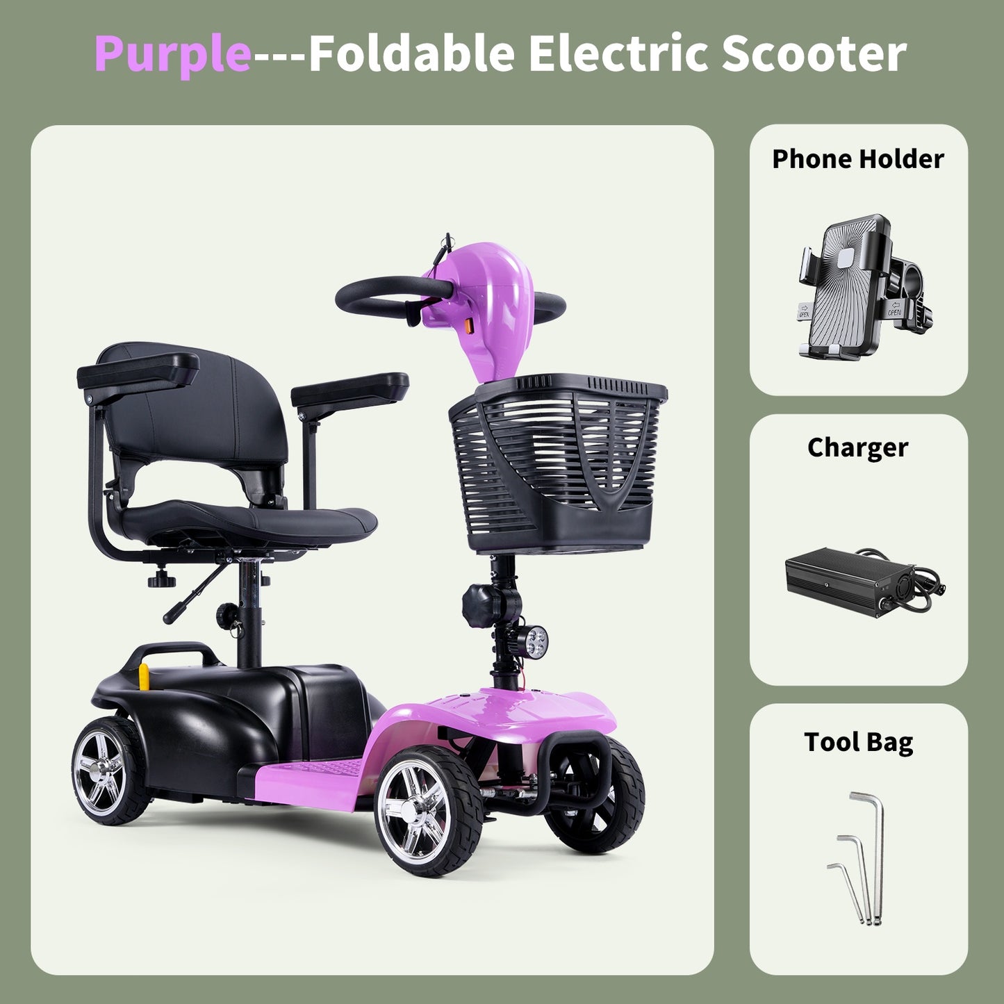 250W Foldable Electric Scooter, 24V 15.5Ah Battery, Offers A 14-17 Mile Range And Speeds Of 5-6 Mph. It Features Tires, Supports 300 Lbs, And Includes A Charger, Phone Holder, And Tool Kit, Ideal For Senior Shopping Trips.Best Holiday Gift