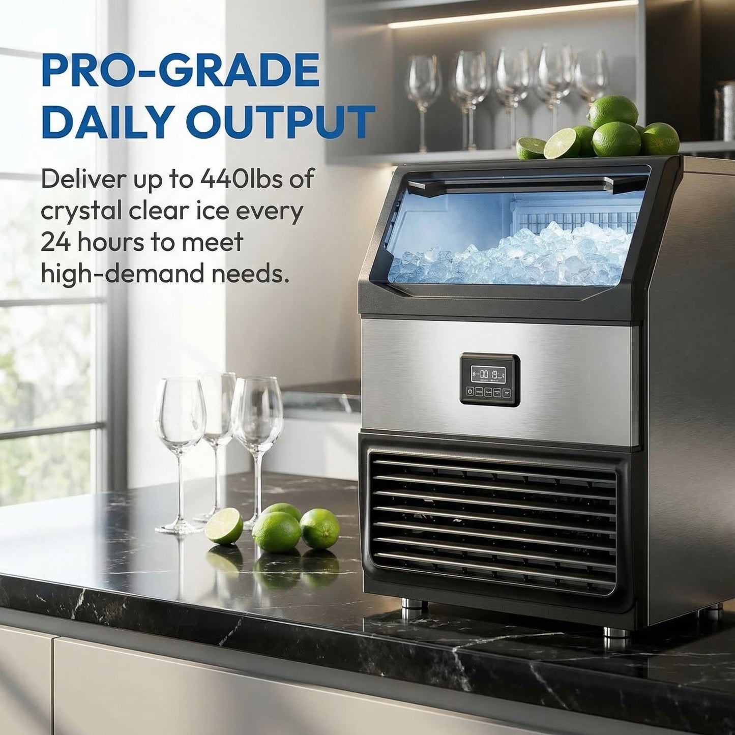 Commercial Ice Maker Machine 440lbs Daily Output, Freestanding Self-Contained Ice Maker with 77lbs Storage Bin, LCD Display Panel with Connection Hoses & Scoop for Home Bar or Office Use