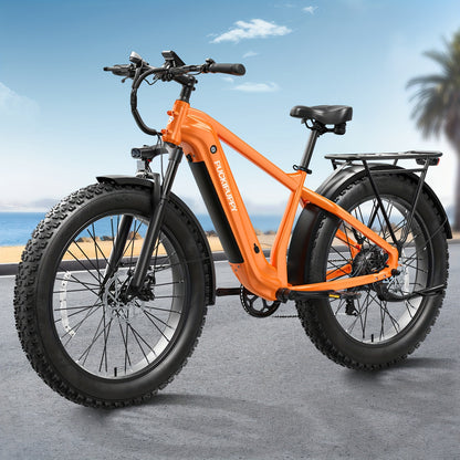1 Electric Bike For Adults | Rear High-power Brushless Motor, 26" Fat Tire, 48V 15AH Removable Battery, Aluminum Frame with Rear Storage Shelf, Suitable for Outdoor Off-road and Urban Commuting | Orange, PUCKIPUPPY, Disc Brakes
