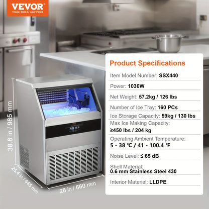 Commercial Ice Maker Machine 70/110/150/440lbs/24H, 33lbs Storage & 45 Cubes/15 Min, Dual Water Inlets, 120V US Plug, LED Display & Self-Cleaning for Bar Restaurant Office