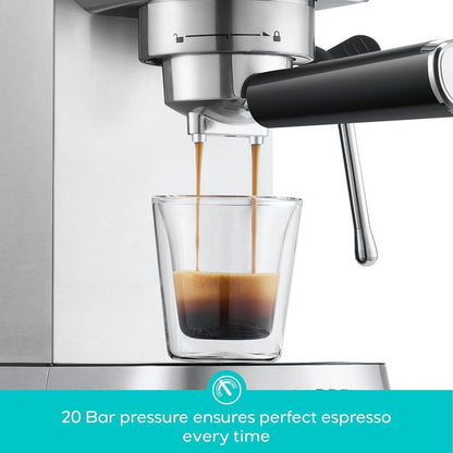 Eso Machine 20 Bar, PFAS - Free Eso Maker with Steam Wand, Stainless Steel Coffee Machine with 34oz Removable Water Tank for Cappuccino, Small Latte Machine, Silver