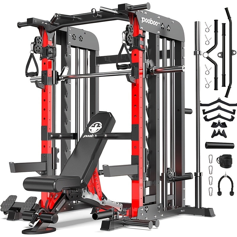 HASIMAN Multi-Functional Power Rack Cage with 2000 Pounds Capacity, LAT Pull Down J-Hooks, Dip Bars, T-Bar, Cable Handles And Other Attachments, Home Gym Exercise Machine, Comprehensive Workout Equipment