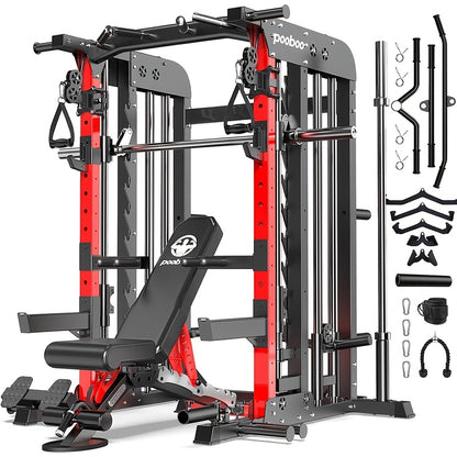 HASIMAN Multi-Functional Power Rack Cage with 2000 Pounds Capacity, LAT Pull Down J-Hooks, Dip Bars, T-Bar, Cable Handles And Other Attachments, Home Gym Exercise Machine, Comprehensive Workout Equipment