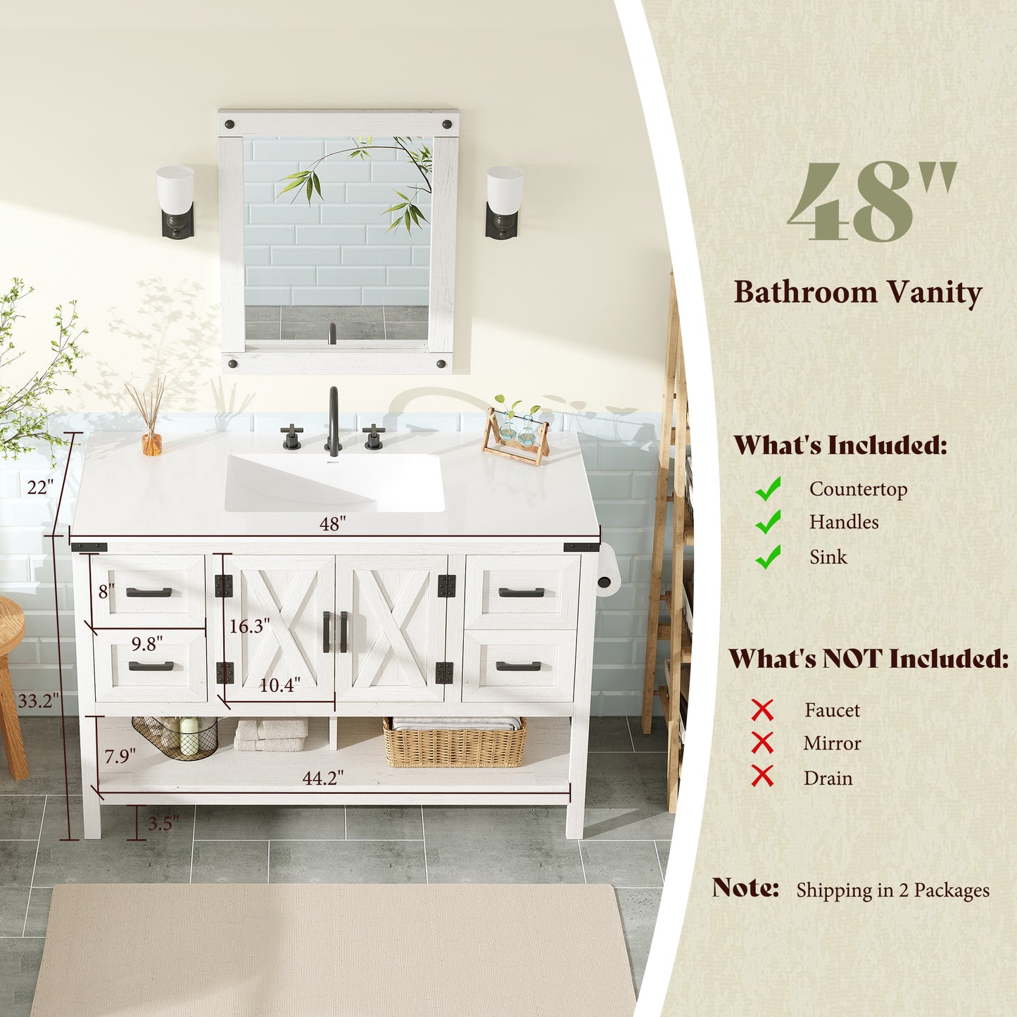48 Inch Modern Farmhouse Bathroom Vanity with Barn Door Cabinet & 4-Drawer Storage - & Wood Tone Freestanding Sink Unit, Engineered Wood/MDF Suitable for Bathrooms