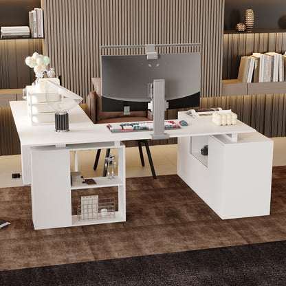 Electric Height Adjustable Standing Computer Desk With Open Storage Shelves, Adjustable Height Office Desk With With Drawer, Administrative Corner Desk, Modern Design, White