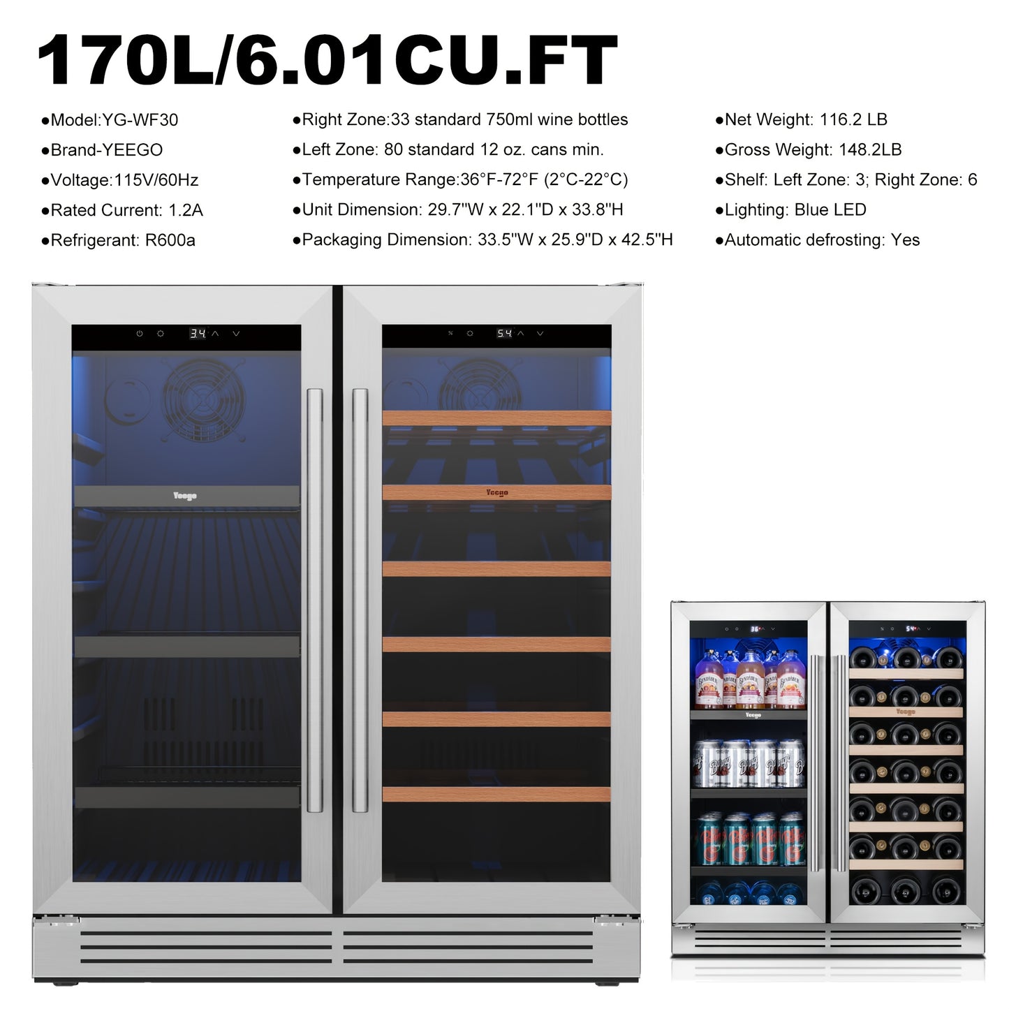 Yeego Wine And Beverage Refrigerator, 30 Inch Dual Zone Wine & Beverage Cooler, 33 Bottles & 80 Cans, Freestanding/Built-in Glass Door with Digital Control & Blue LED Display, 36-72°F Double Door Wine Refrigerator, Ideal for Bar/Home/Restaurant