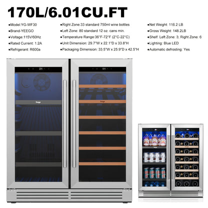 Yeego Wine And Beverage Refrigerator, 30 Inch Dual Zone Wine & Beverage Cooler, 33 Bottles & 80 Cans, Freestanding/Built-in Glass Door with Digital Control & Blue LED Display, 36-72°F Double Door Wine Refrigerator, Ideal for Bar/Home/Restaurant