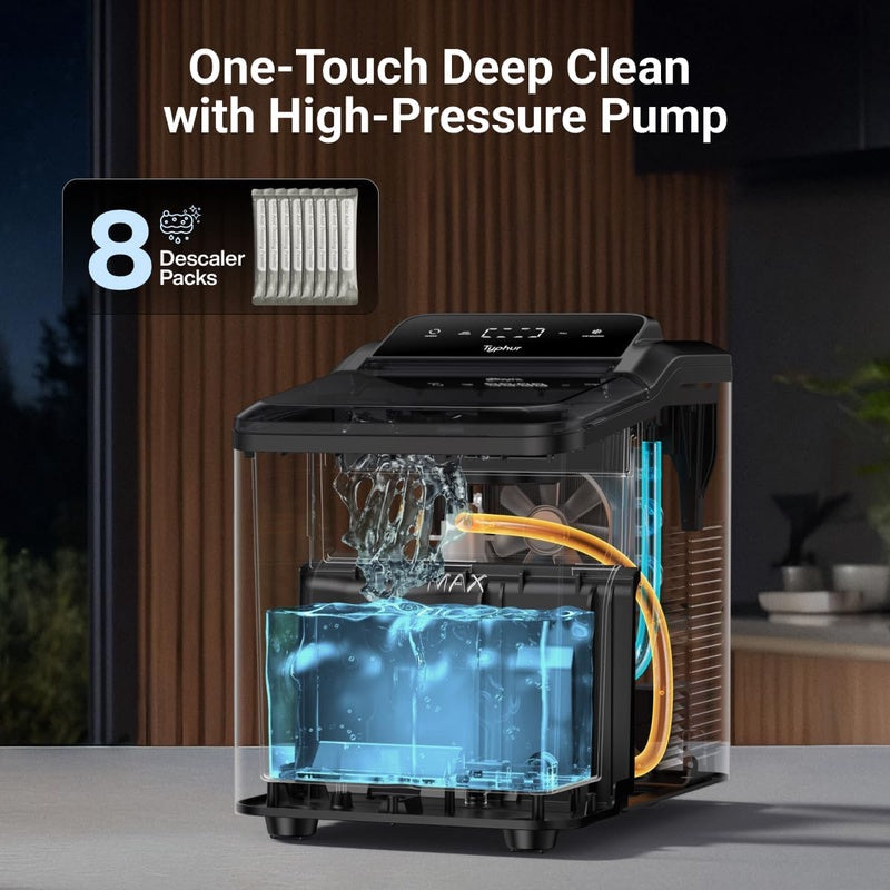 Typhur Fast Nugget Ice Maker Countertop with Self - Cleaning Pump, 35lbs 24H Cru Pebble Ice Machine with Pellet Ice, 8 Packs Cleaner, Dual Ice Scoops for Home, Kitchen, Party, RV, Stainless Steel