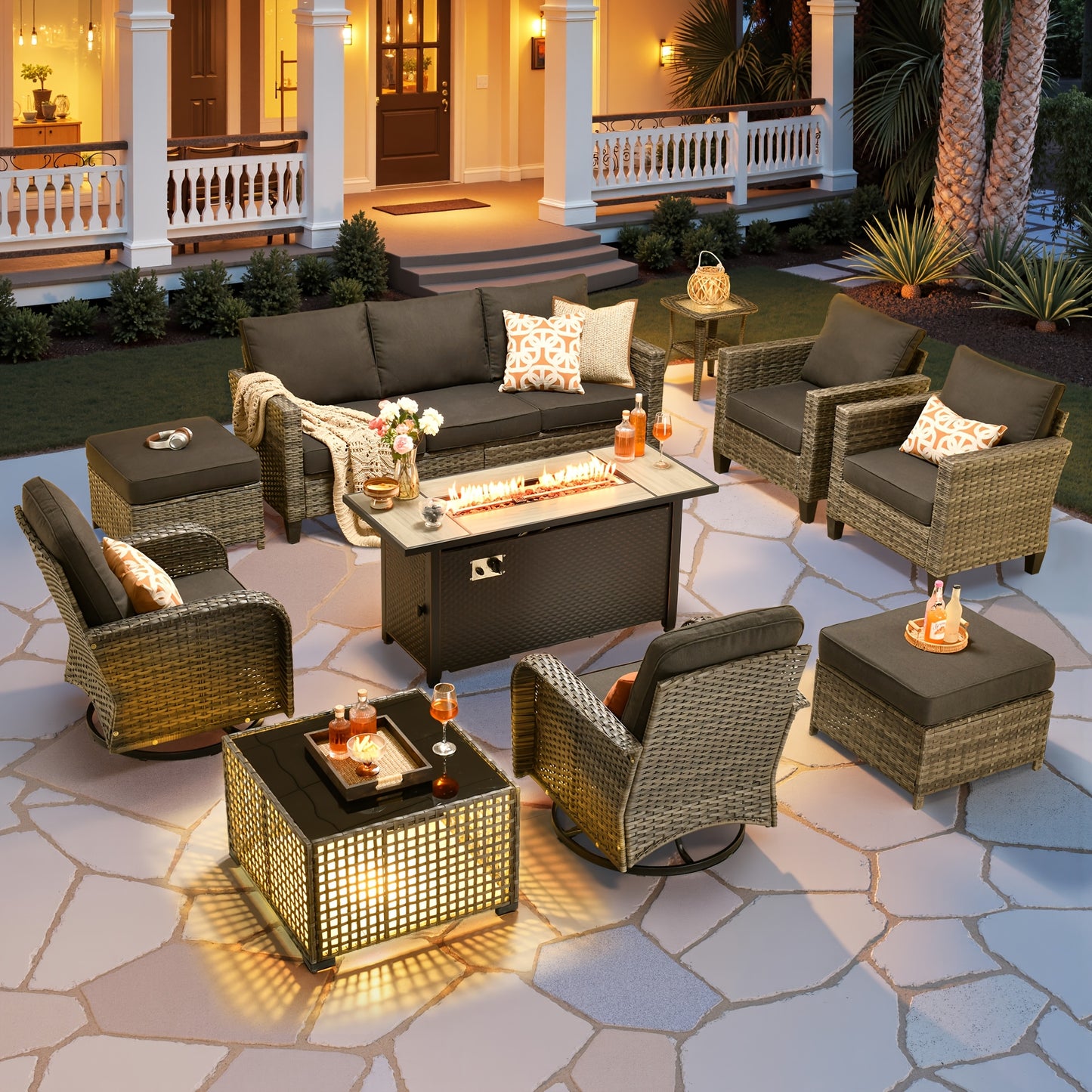 10pcs Outdoor Patio Furniture Sets With 54" Fire Pit Table And Solar Led Light Coffe Table, All-Weather PE Rattan Sectional Sofa Conversation Set With Swivel Rocking Chairs, Outside Modular Couch With Thick Cushions For Backyard, Deck, 7 Seats