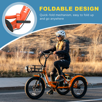 20" Fat Tire Adult Foldable Electric Trike, 500W 48V Electric Trike Motorized 3 Wheel Electric Bicycle,1 Speed Foldable Removable Battery，Home, Travel, Off-Road