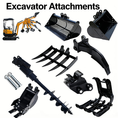 Set of 8 Mini Excavator Attachments Including Quick Hitch, Narrow Bucket, Ripper, Rake, Auger, Grapple, And Screening Bucket for Small Diggers, Available in USA Stock