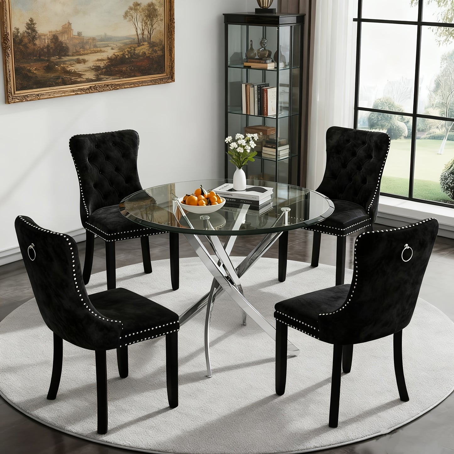 5pcs Modern Dining Table and Chair Set with Tempered Glass Table & Velvet Chairs - -Frame Base, Cushioned Seats Suitable for Kitchen, Dining Room, Small Spaces - Assembly, Contemporary Furniture (Table & 4 Chairs)