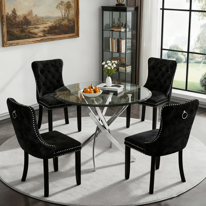 5pcs Modern Dining Table and Chair Set with Tempered Glass Table & Velvet Chairs - -Frame Base, Cushioned Seats Suitable for Kitchen, Dining Room, Small Spaces - Assembly, Contemporary Furniture (Table & 4 Chairs)