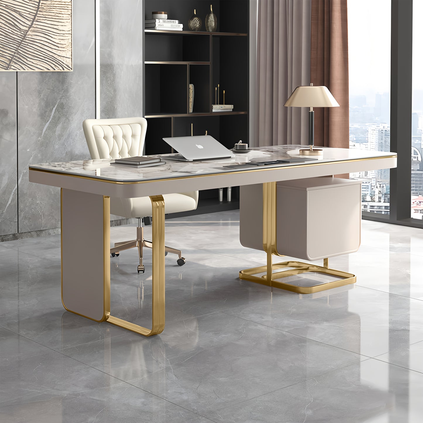 Luxury Marble Top Desk with Golden Frame - Modern Minimalist Writing Table Suitable for Home Office, Study Room, Bedroom, Marble Tabletop & Golden Frame, Assembly, Space-Saving for Small Spaces, Assembly Required