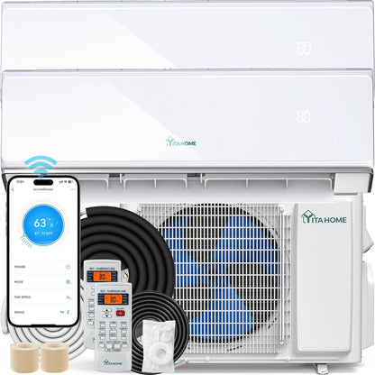 2-Zone Mini Split Heat Pump 18K BTU (9K+12K), SEER2 Wifi Ductless Air Conditioner, Cooling Area Up to 950 Square Feet, 208-230V, Compatible with Alexa, All White System