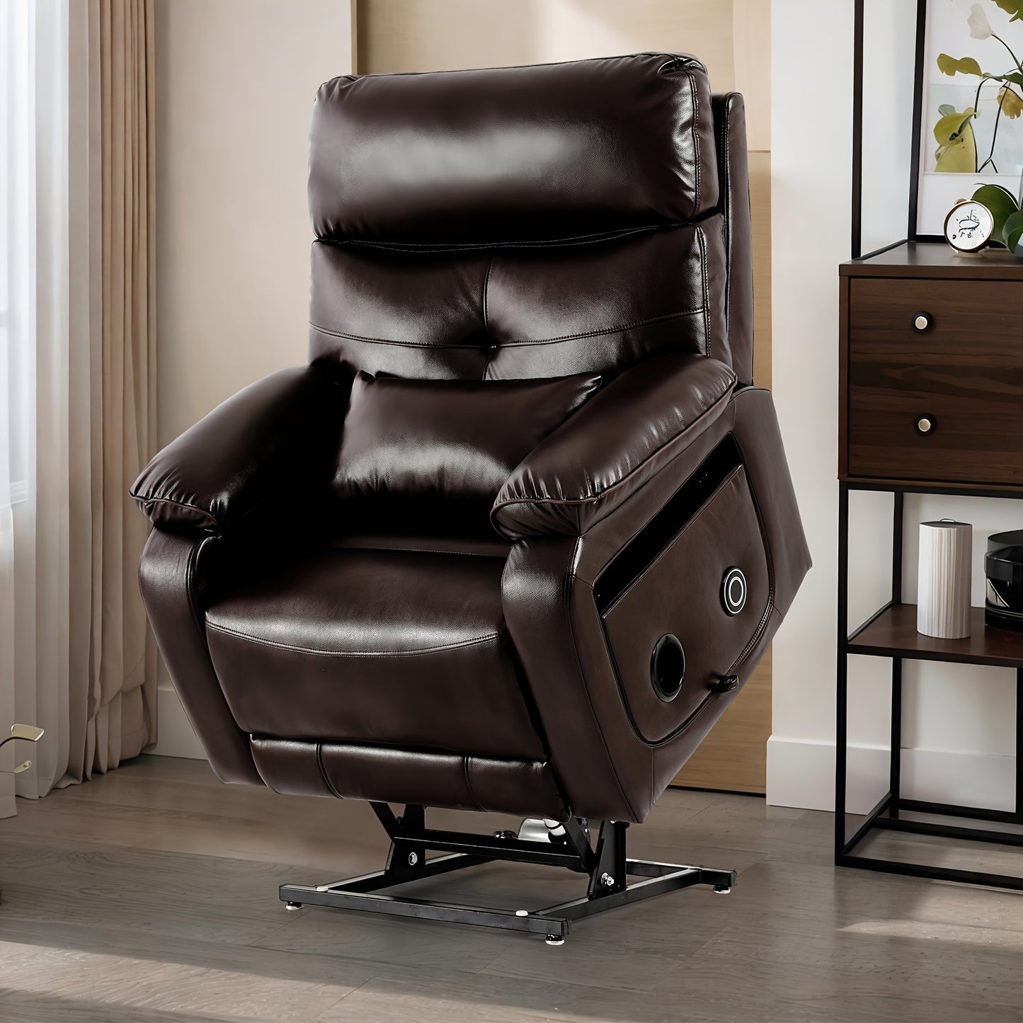 Infinite Position Electric Lift Recliner with Wireless Charger and Cup Holder, Vibration Massage and Heating, Genuine Faux Leather, Beige, Brown Silvery Gray Color Optional
