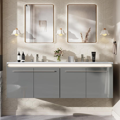 LED Floating Bathroom Double Vanity with Sink Combo, Modern High Gloss Wall Mounted Bathroom Storage Cabinet with 3 Hole Sink&& Metal Handles& Soft Closing Doors
