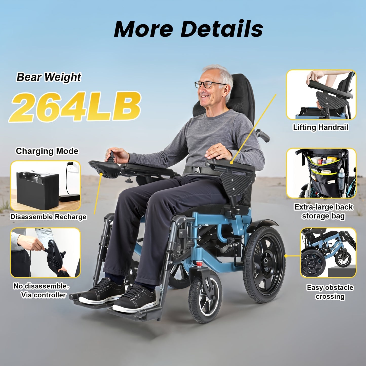 Full-Reclining Carbon Steel Frame Heavy-Duty Electric Wheelchair, Adults Elderly Foldable Power Mobility Chair, N.W. 75 Lbs, Manual Adjustment for Backrest & Leg Supports, 12Ah Lithium Battery with 9.3-Mile Range, 264 Lbs Max Load, Large Storage Bag