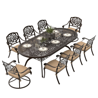 9pcs Cast Aluminum Patio Furniture, Outdoor Dining Sets for 8 Include 87" Oval Patio Dining Table And 8 Chairs with Cushions & Umbrella Hole (Bronze)