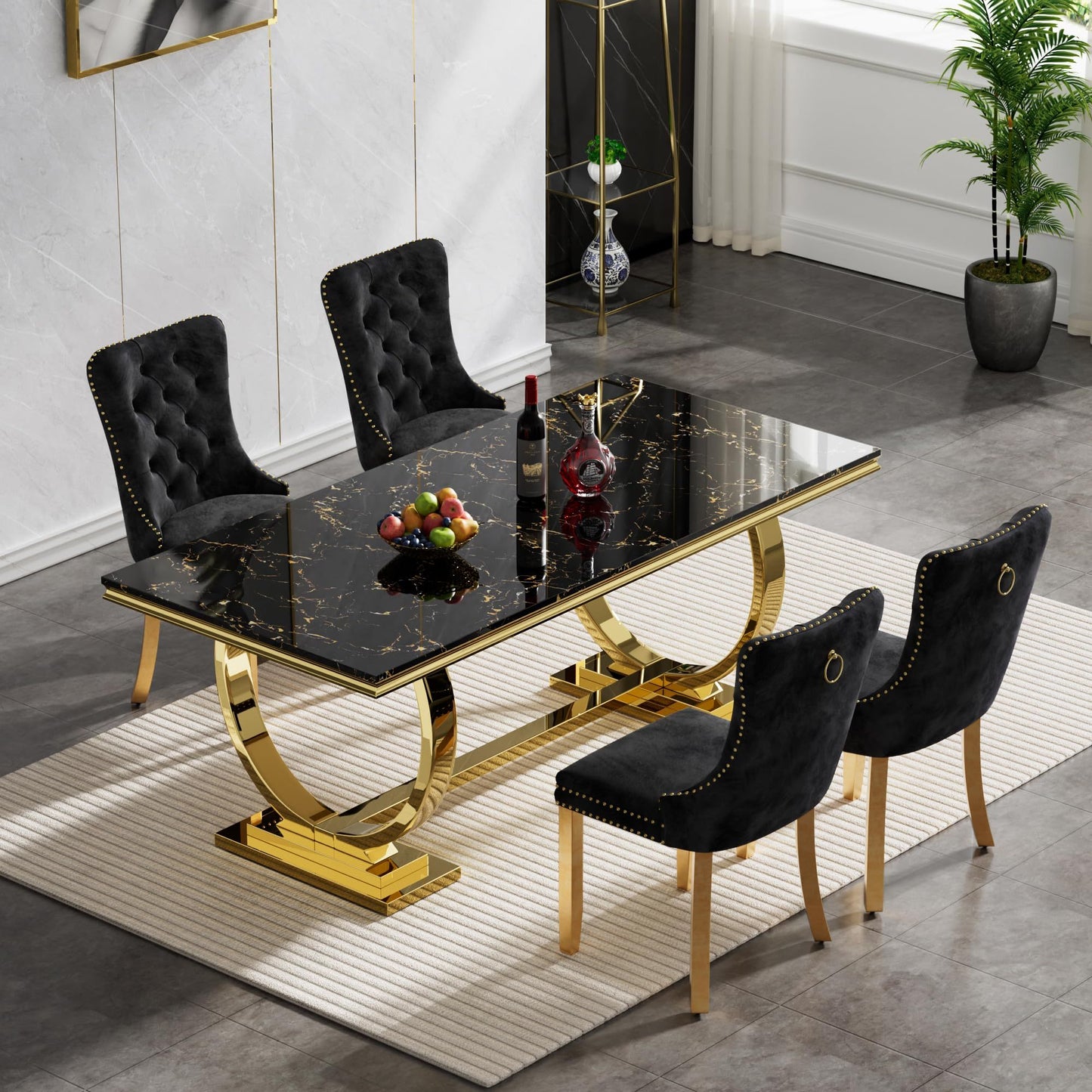 7 Piece Marble Dining Table Set, 70" Faux Marble Dining Table and Velvet Chairs for 6, 7 Piece Luxury Dining Room Table Set and 6 Upholstered Chairs with Stainless Steel Legs
